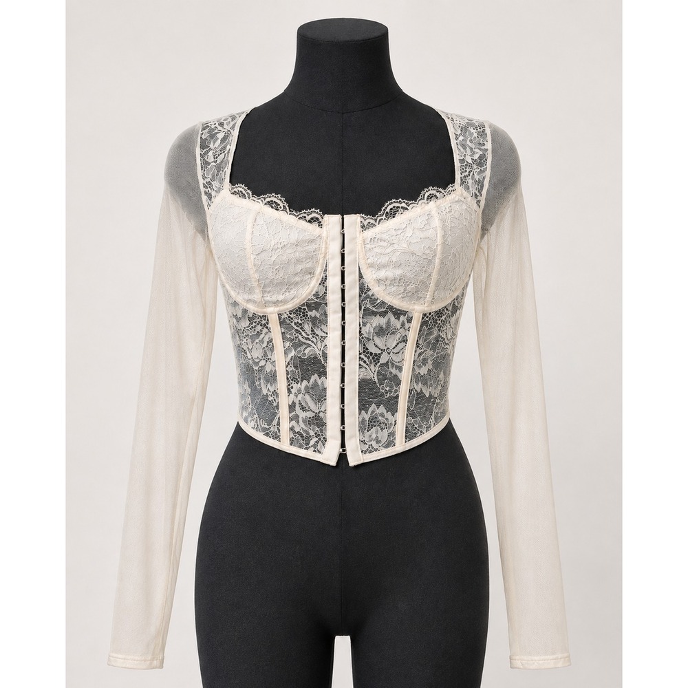 Ivory Floral Lace Long Sleeve Corset Bustier Sheer Boned Coquette Renaissance M